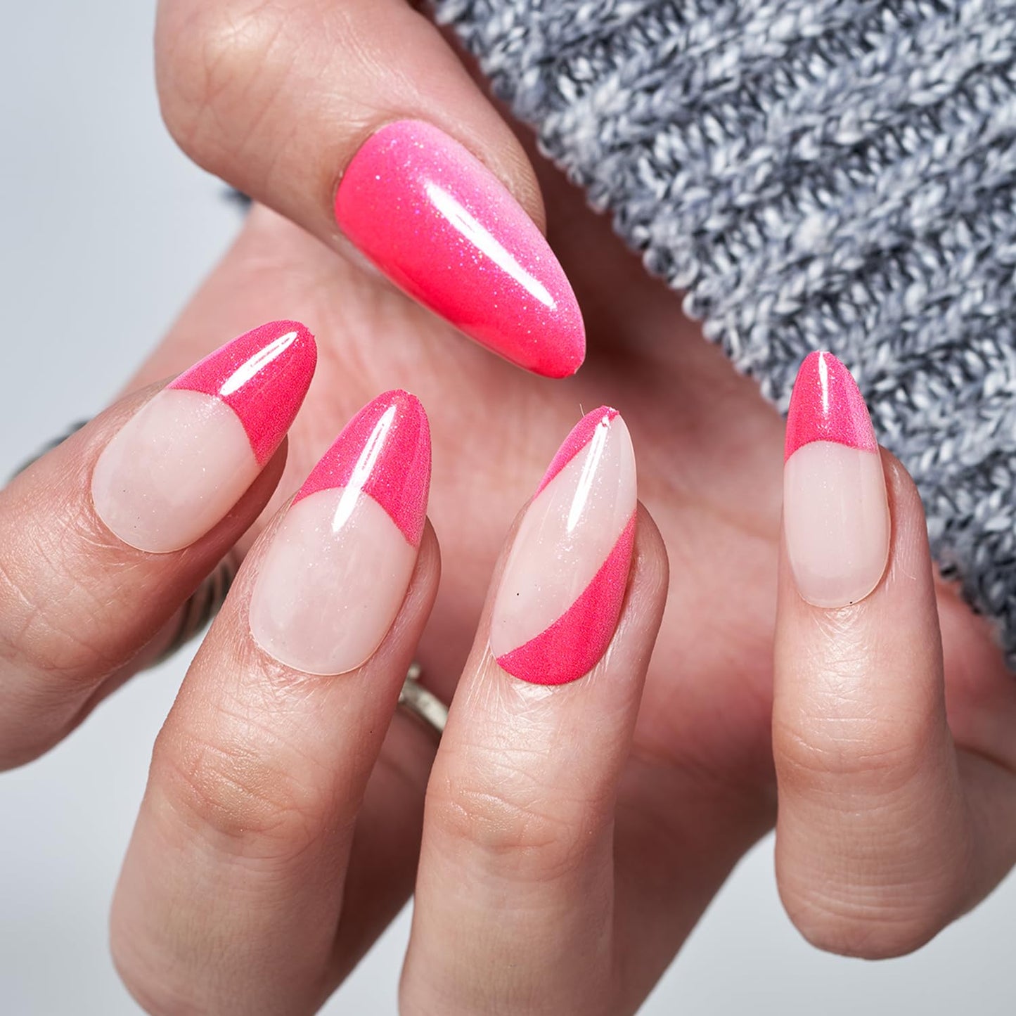 GLAMERMAID Hot Pink Press on Nails Medium Almond, Nude French Tip Fake Crush Nails,Shrimmer Stiletto Fake Nails, Short Oval Stick Glue on Nails Tips for Women, Reusable Acrylic False Nail Kits