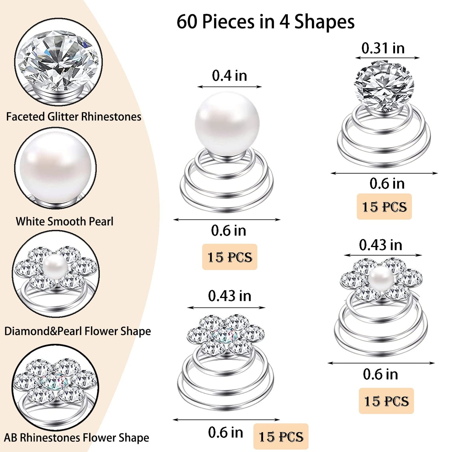 60 PCS 4 Shapes Gems Rhinestone Twister Hair Studs Set Diamond Spiral Pearl Flower Jewels Hair Pins Sticks for Wedding, Bridal, Prom, Party and Special Occasion, Pearl