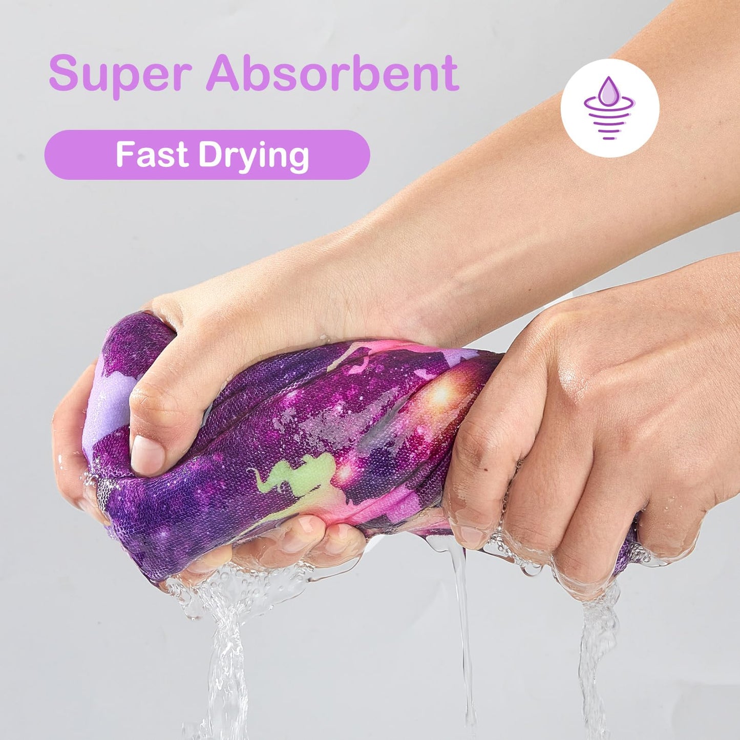 FIOBEE Microfiber Hair Towel Wrap for Kid Rapid Drying Towel Absorbent Hair Turbans for Wet Hair with Button Women Girls Long Curly Hair Pack of 2, Deep Purple Unicorn