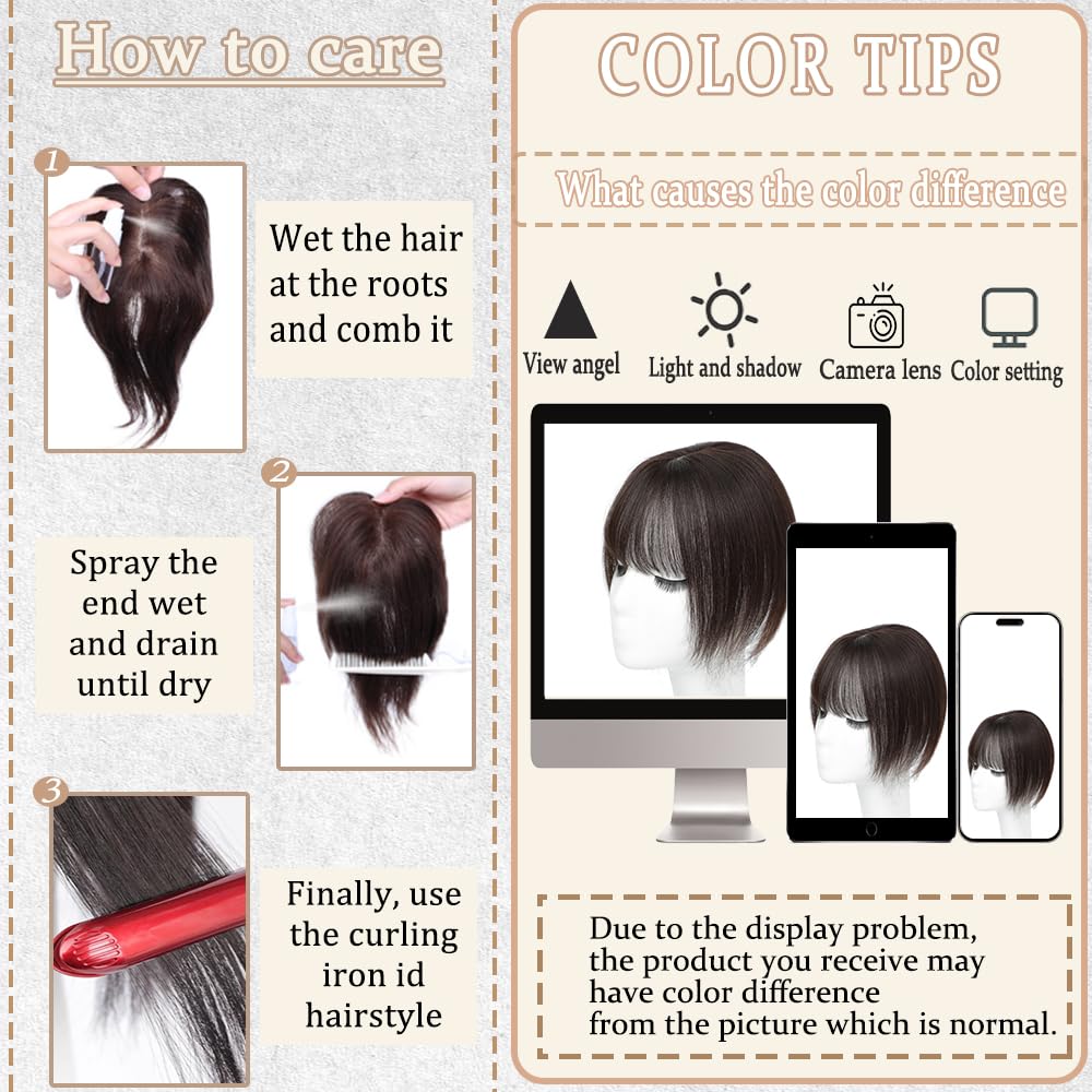 Hair Toppers for Women Real Human Hair, 3D Cover Clip in Bangs Realistic Scalp Line Human Hair Toppers for Women with Thinning Upgrade Basement with French Bangs (Dark Brown, French)