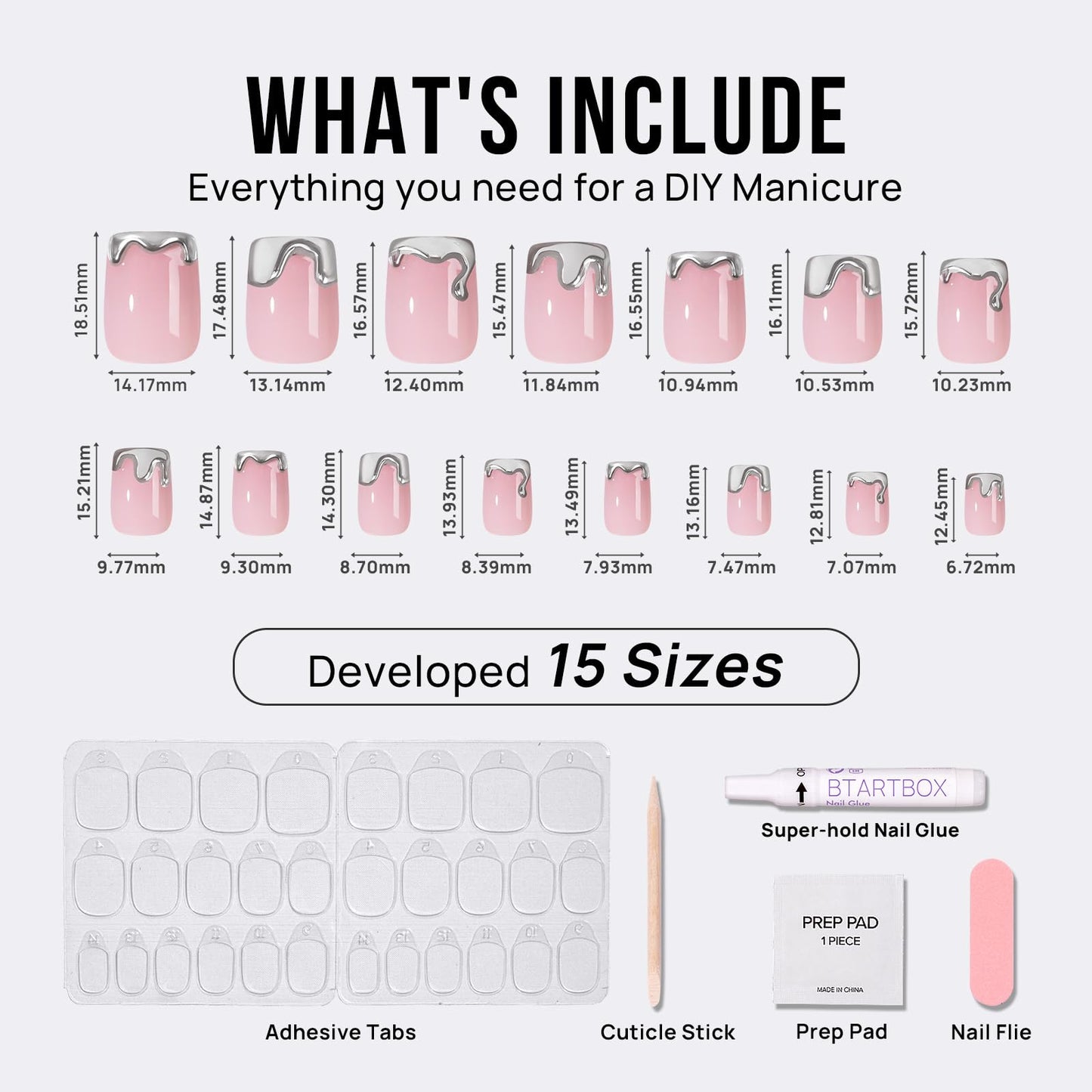 BTArtbox Press On Nails Short Square - Sliver Designed Press On Nails, 3D Sliver Foil Glue On Nails for Women Gifts, Natural Fake Nail with Glue, Glue On Nails in 15 Sizes, Snow Queen