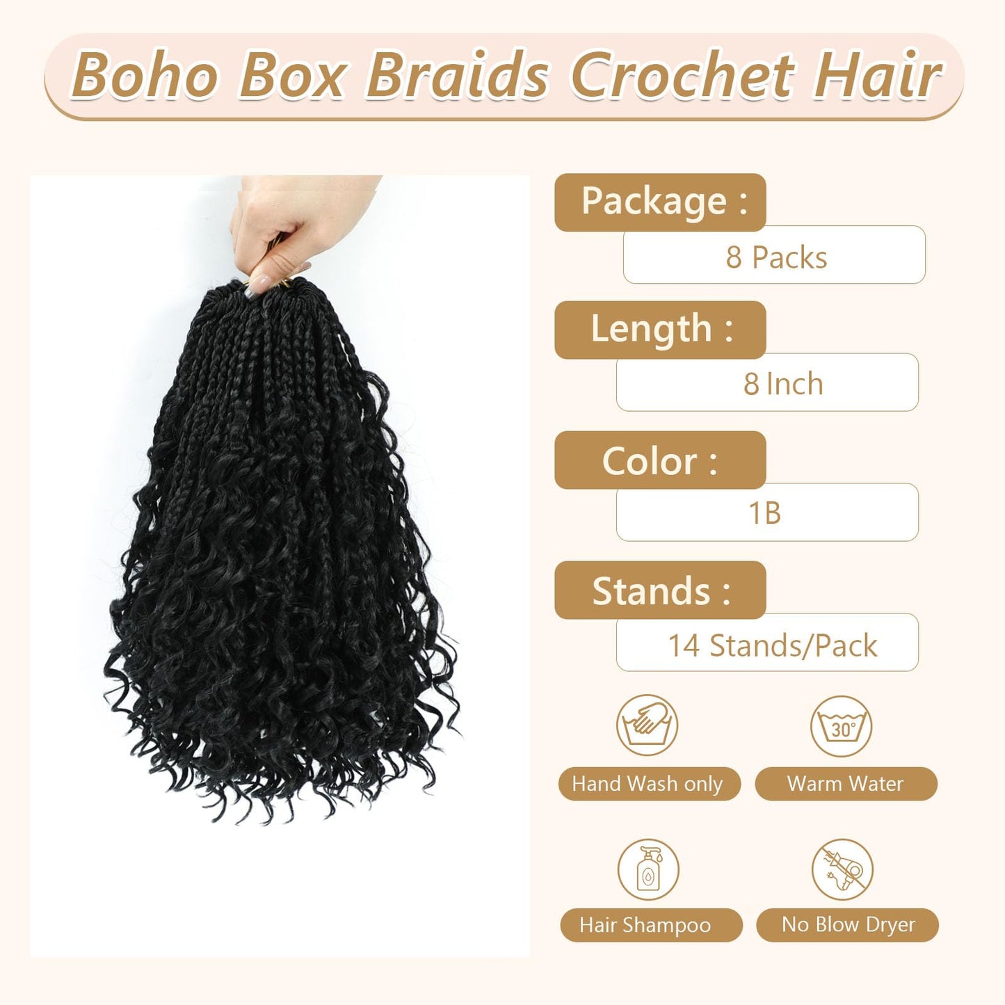 8 Packs Boho Braids Crochet Hair-8 Inch Crochet Box Braids- Bohomian Box Braid Crochet Hair Synthetic Braiding Hair Goddess Box Braids Crochet Hair for Black Women(1B)