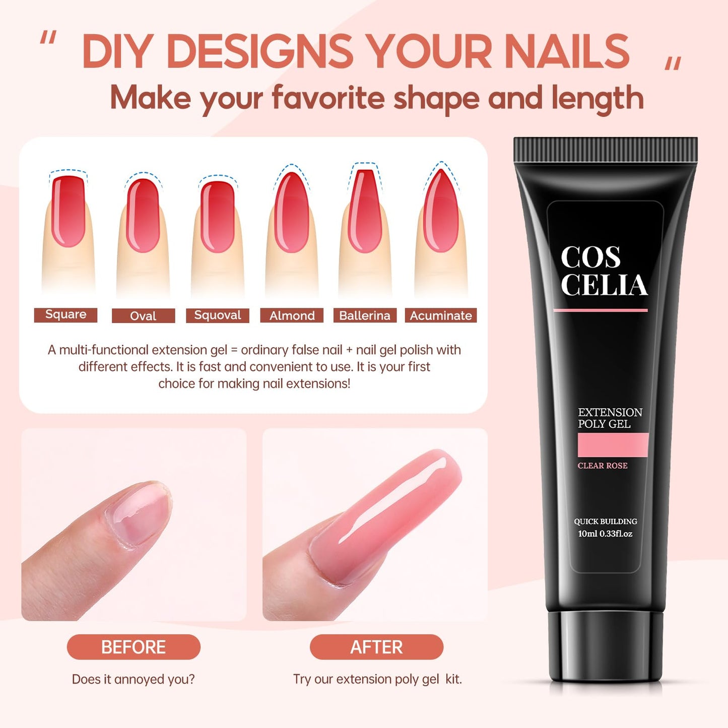 COSCELIA Poly Nail Gel Kit Starter Kit, 8 Colors Nude Pink Clear Poly Nail Extension Gel Kit with U V Light with Everything Matte Glossy Top Coat Nail Stickers Complete Manicure Kit for Women