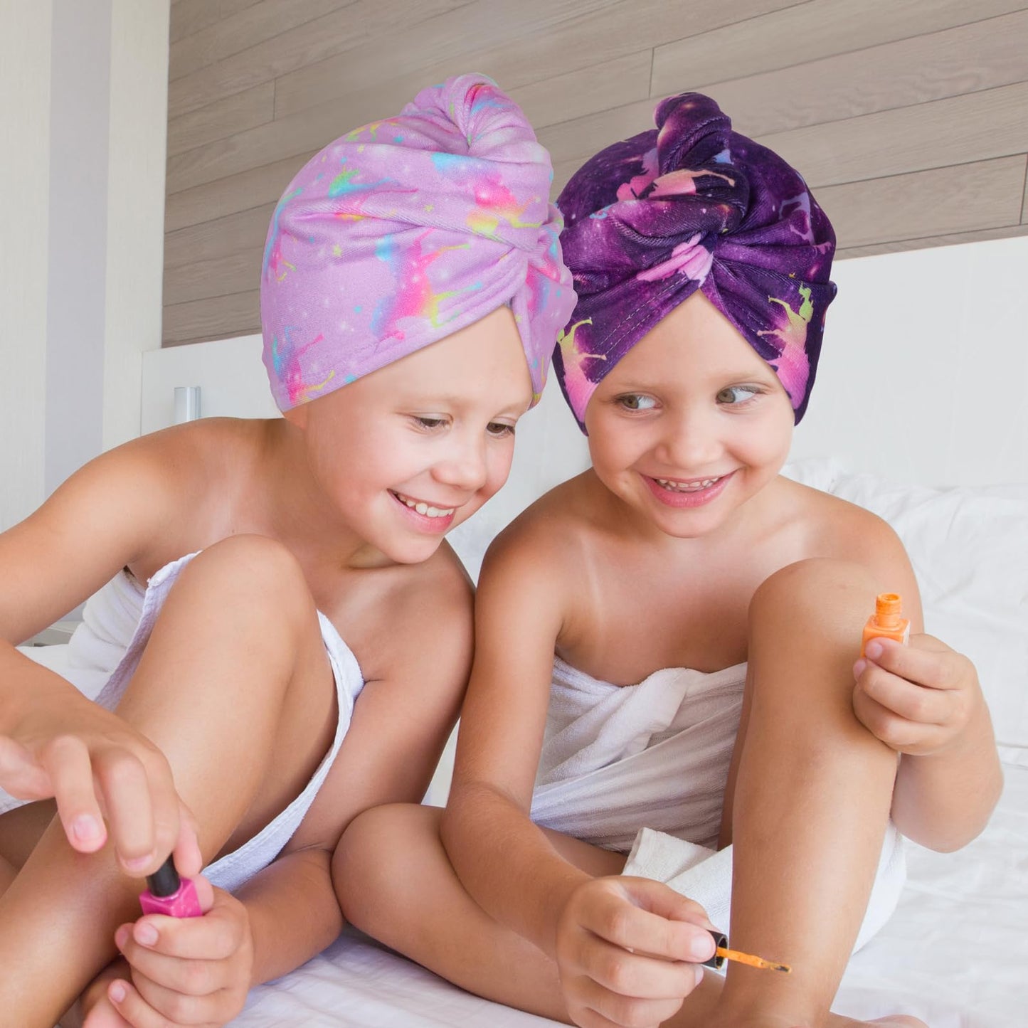 FIOBEE Microfiber Hair Towel Wrap for Kid Rapid Drying Towel Absorbent Hair Turbans for Wet Hair with Button Women Girls Long Curly Hair Pack of 2, Deep Purple Unicorn