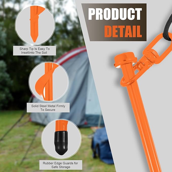 Reginary 12 Inch Tent Stakes Heavy Duty Screw in Ground Anchors High Wind Camping Stakes for Trampoline Canopy Carport Sheds Anchor Beach Sand Stakes Metal Swing Set(Orange,6 Pcs)