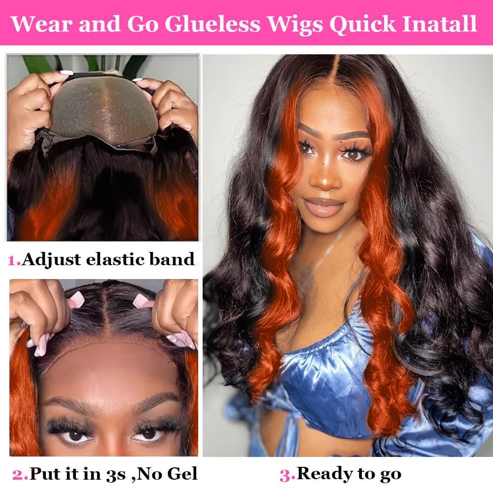 200% Density Wear And Go 9x6 Glueless Wigs Human Hair Pre Plucked Pre Cut For Beginners Ginger Body Wave Lace Front Wigs Human Hair For Black Women HD Lace Closure Colored Glueless Wig(30 INCH)