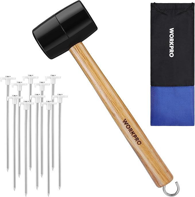 WORKPRO Tent Stakes and Hammer Set, 16oz Rubber Mallet Hammer, Wooden Handle, 10PC Heavy Duty Metal Tent Stakes and Storage Bag, DIY Woodworking, Camping Accessories for Ground, Camp and Graden