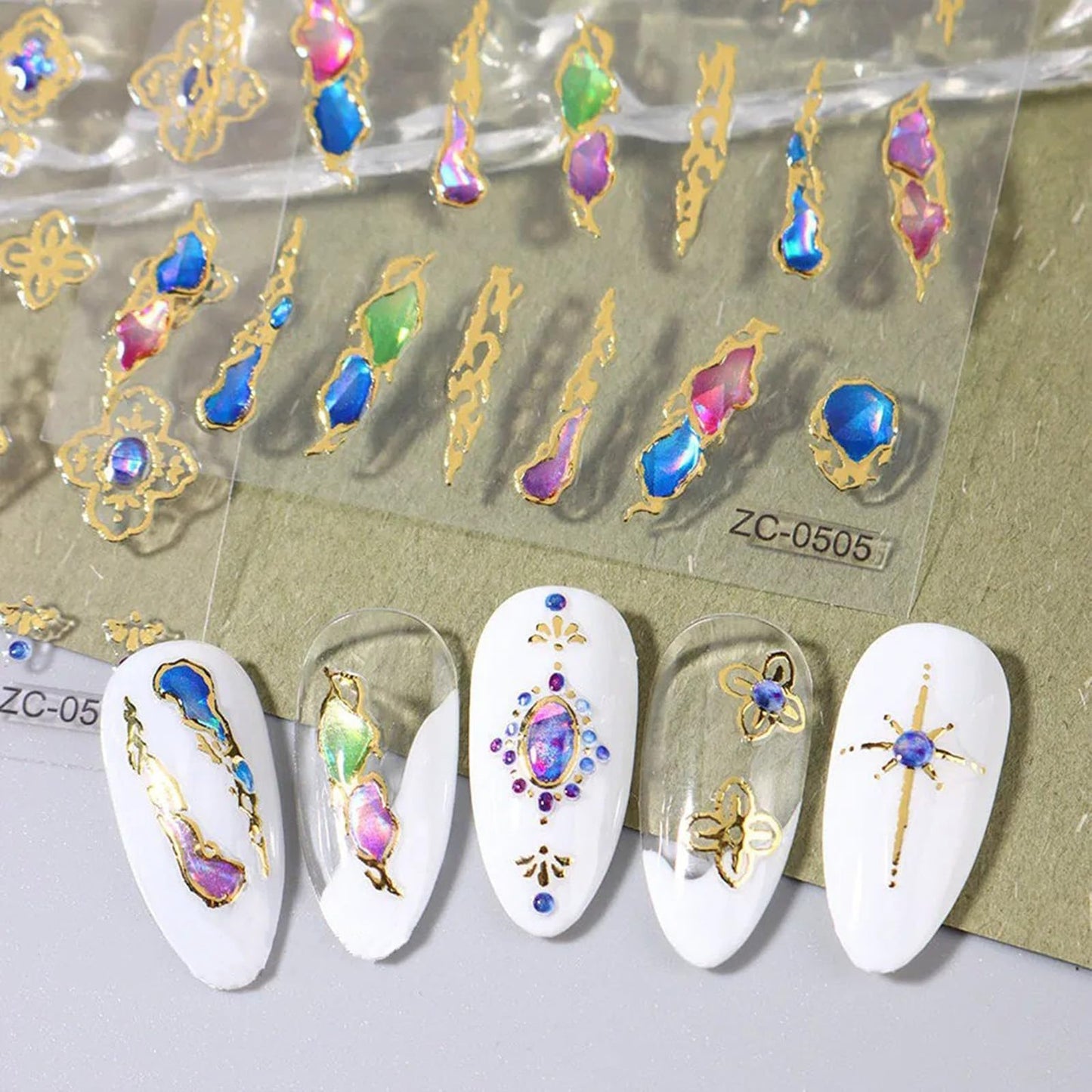 5D Gem Nail Art Sticker Decals Self Adhesive Crystal Rhinestone Embossed Nail Stickers Gem Design 5 Sheet