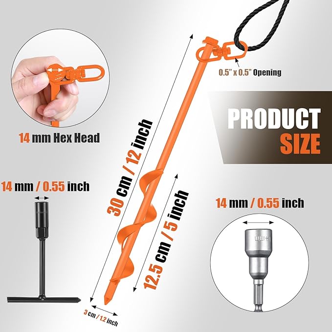 Reginary 12 Inch Tent Stakes Heavy Duty Screw in Ground Anchors High Wind Camping Stakes for Trampoline Canopy Carport Sheds Anchor Beach Sand Stakes Metal Swing Set(Orange,6 Pcs)