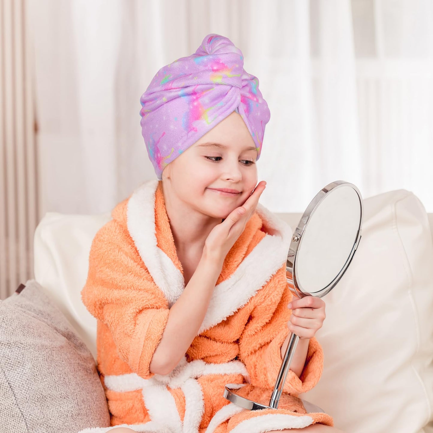 FIOBEE Microfiber Hair Towel Wrap for Kid Rapid Drying Towel Absorbent Hair Turbans for Wet Hair with Button Women Girls Long Curly Hair Pack of 2, Deep Purple Unicorn