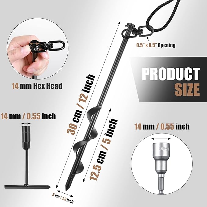 Reginary 12 Inch Tent Stakes Heavy Duty Screw in Ground Anchors High Wind Camping Stakes for Trampoline Canopy Carport Sheds Anchor Beach Sand Stakes Metal Swing Set(Black,12 Pcs)