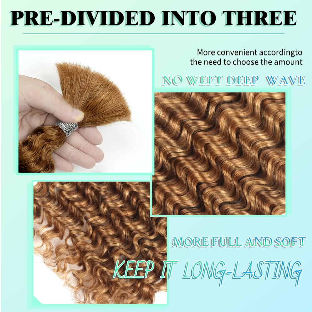 Brown Braiding Hair Human Hair 20 Inch 6 Bundles Deep Wave Human Hair Braiding hair No Weft Brazilian Virgin Curly Human Braiding Hair Extensions for Boho Braids 150g 27/30#