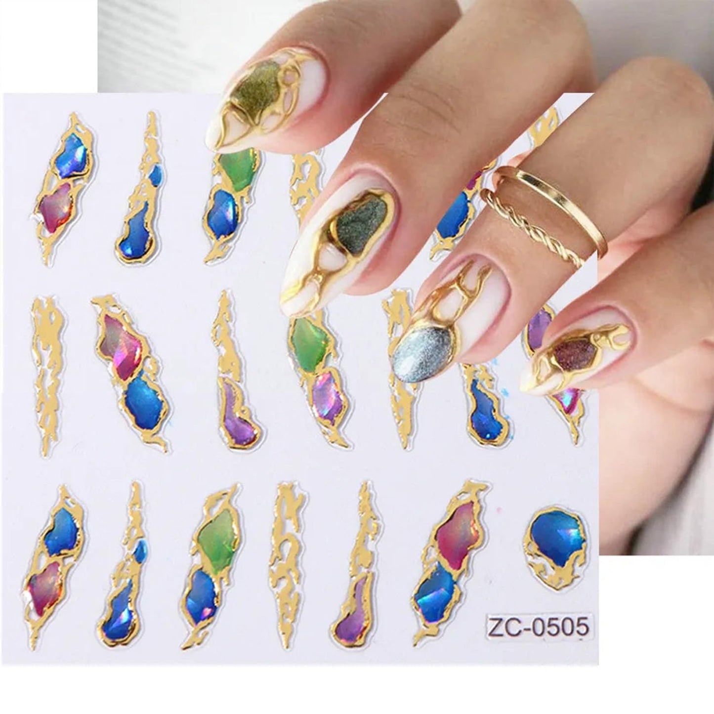 5D Gem Nail Art Sticker Decals Self Adhesive Crystal Rhinestone Embossed Nail Stickers Gem Design 5 Sheet
