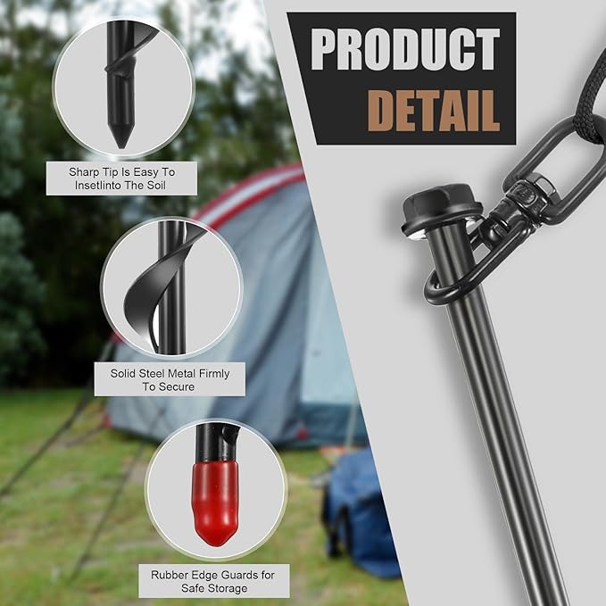 Reginary 12 Inch Tent Stakes Heavy Duty Screw in Ground Anchors High Wind Camping Stakes for Trampoline Canopy Carport Sheds Anchor Beach Sand Stakes Metal Swing Set(Black, 6 Pcs)