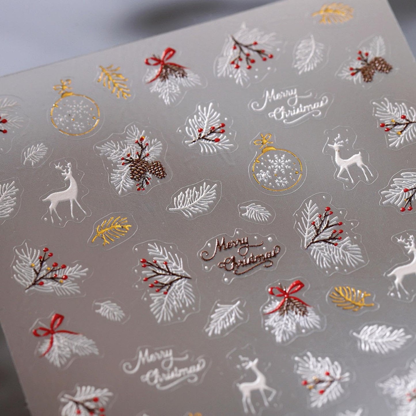 Christmas Nail Art Stickers 5D Embossed Elk Nail Stickers Cute Self-Adhesive Snowflake Feather Leaf Xmas Nail Decals Decoration for Women Girls Winter Holiday Manicure DIY Nail Supplies