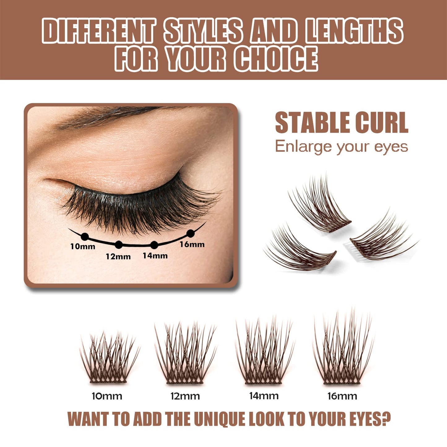 DIY Eyelash Extension, 3D Effect Individual Melt Flare Lash Cluster Natural Lashes Set, Home Eyelash Extension, Lashes Pack (10MM-Amber)