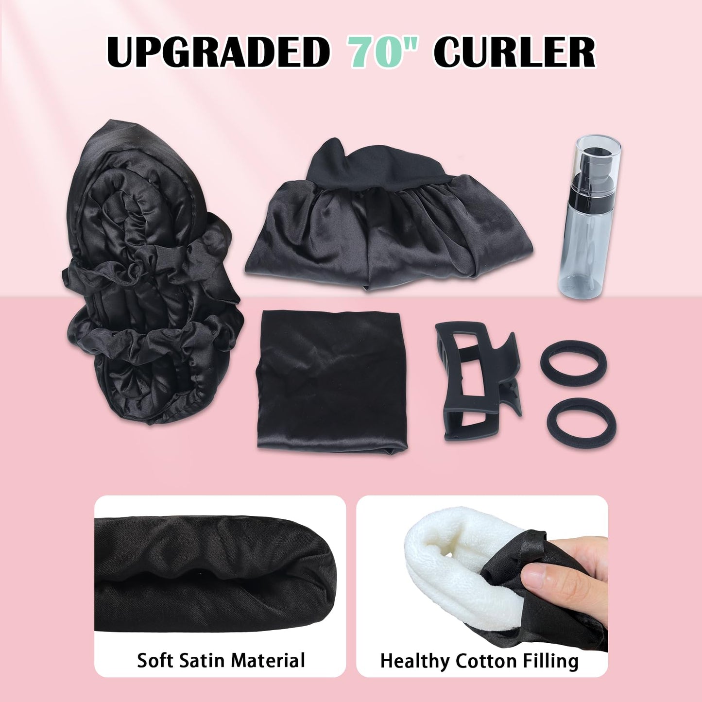 Gwabee Satin Heatless Curls Overnight Hair Curlers to Sleep In Hair Curler Rollers No Heat Hair Wrap for Curls Headband, 70" Satin Heatless Curling Rod Set for Women Long Waves Hair Volume -Black 9PCS