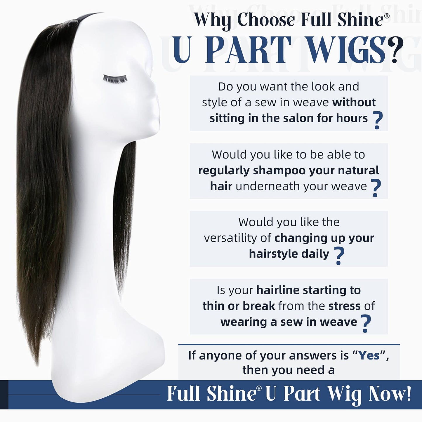 Full Shine U Part Human Hair Wig Natural Half Part Wig Human Hair Straight Off Black Hair Pieces 12Inch One Piece Half Wigs for Women Human Hair Wig 100Grams