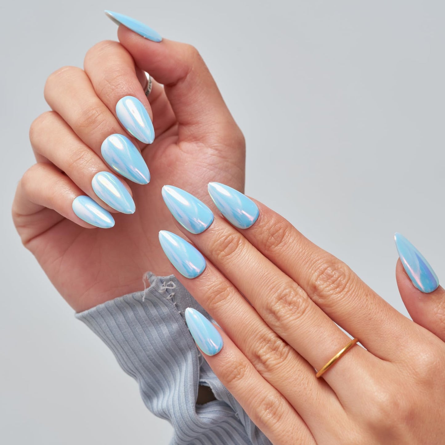 GLAMERMAID Press on Nails Medium Almond Metal Blue, Chrome Pearl Mermaid Handmade Jelly Soft Gel Fake Nails Stiletto, Glossy Glue on Nails Short Oval, Reusable Acrylic Stick on False Nails for Women