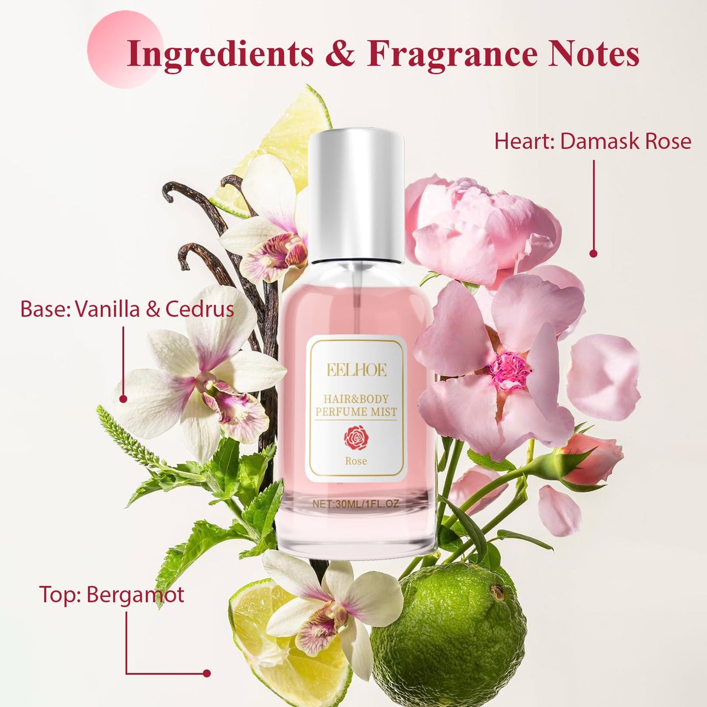 Hair Perfume for Women, Long Lasting Fragrance that Refreshes Hair, Pheromones Perfumes, Hair and Body Fragrance, Rose Fine and Smooth Fragrance Mist, Nourishing and Hydrating Hair Shine Spray