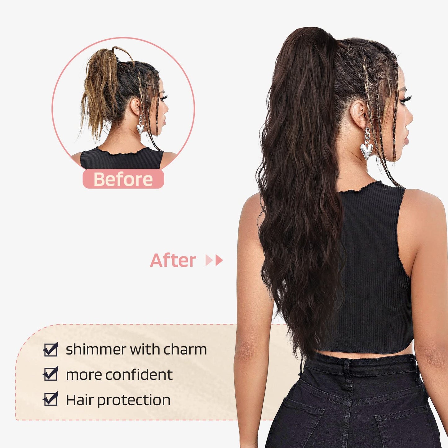 FLUFYMOOZ Ponytail Extension, 26 Inch Drawstring Ponytail Hair Extensions for Women, Long Curly Wavy Ponytail Natural Wavy Synthetic Hairpiece for Women (26" Ash Brown with Blonde Highlights)