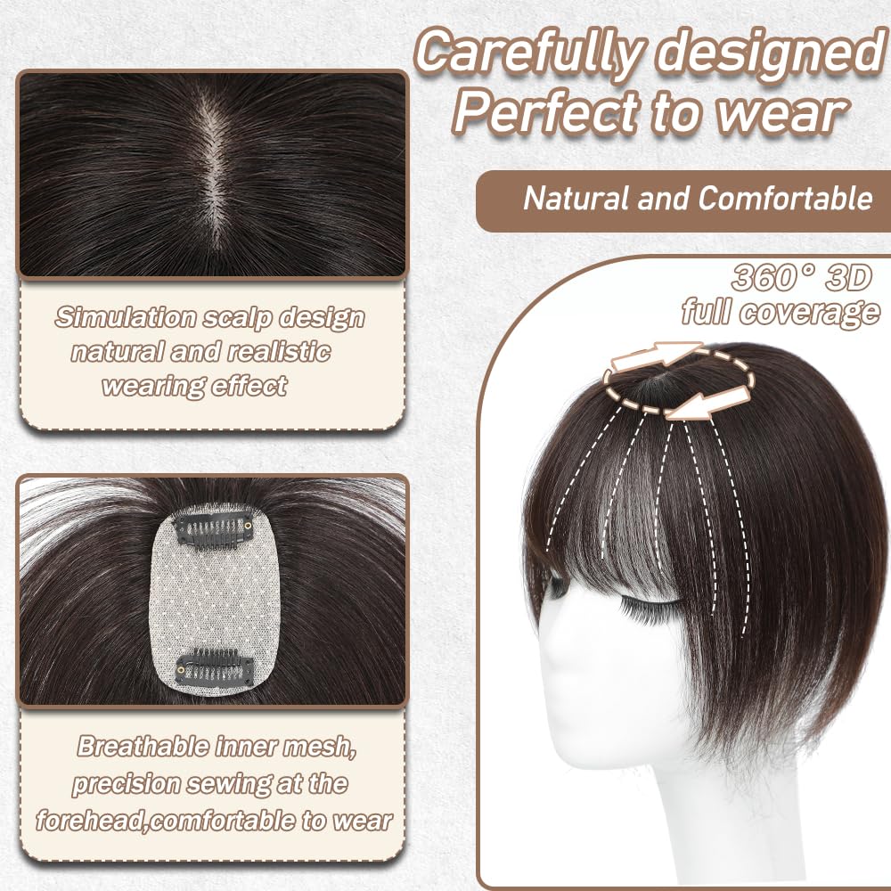Hair Toppers for Women Real Human Hair, 3D Cover Clip in Bangs Realistic Scalp Line Human Hair Toppers for Women with Thinning Upgrade Basement with French Bangs (Dark Brown, French)