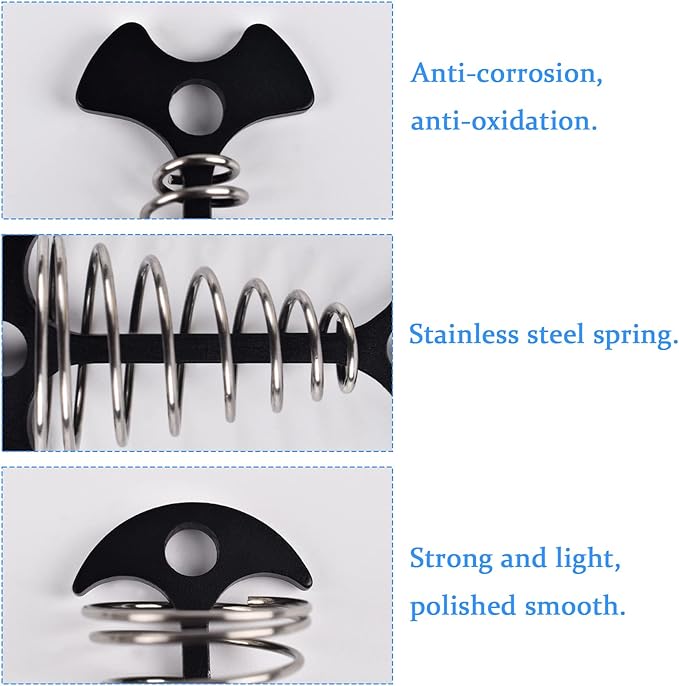 Deck Anchor Pegs,6Pcs Aluminium Alloy Fishbone Tent Stakes Pegs with Carabiners Clips,Windproof Deck Plank Board Tent Pegs Cord with Spring Rope Buckle,Adjuster Tensioner Set for Camping Hiking