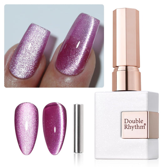 Double Rhythm Jelly Glass Cat Eye Gel Polish with Magnet 15ML Holographic Glitter Shimmer Translucent Sheer Color Magnetic Nail Polish Salon DIY at Home (Purple Pink-MC1043)