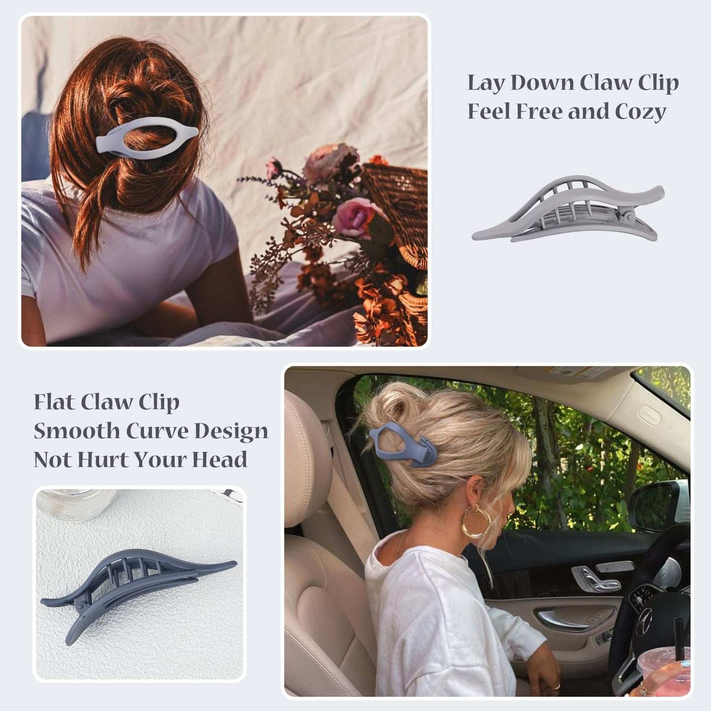 CHANDAT Flat Hair Clip 6 pcs Lay Down Claw Clips Hair Accessories for Women -Grey