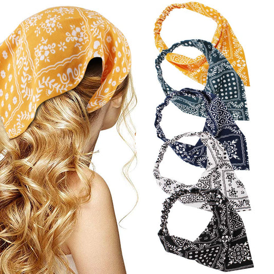 TOBATOBA Floral Elastic Hair Scarf Headband Set of 5 Boho Triangle Chiffon Bandanas for Women and Girls - Head Wraps, Hair Accessories