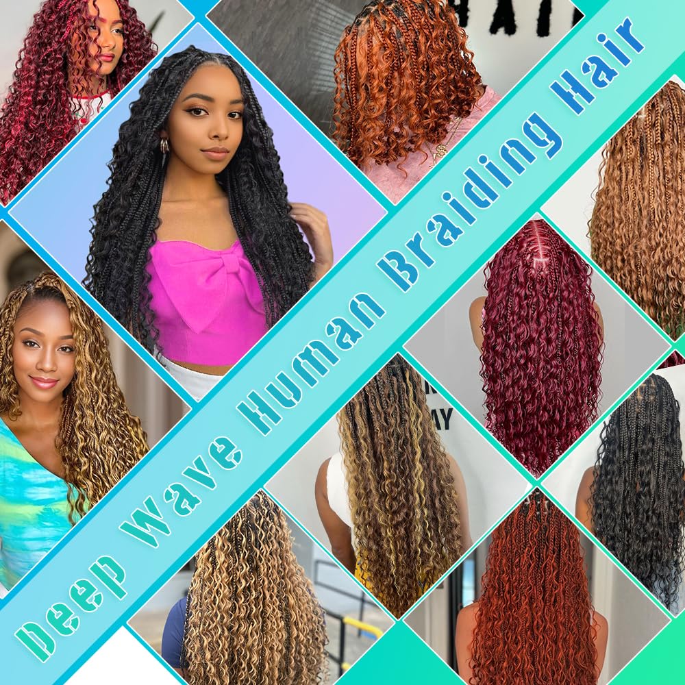 Brown Braiding Hair Human Hair 20 Inch 6 Bundles Deep Wave Human Hair Braiding hair No Weft Brazilian Virgin Curly Human Braiding Hair Extensions for Boho Braids 150g 27/30#