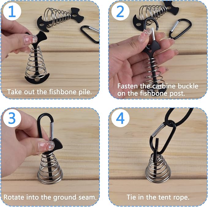 Deck Anchor Pegs,6Pcs Aluminium Alloy Fishbone Tent Stakes Pegs with Carabiners Clips,Windproof Deck Plank Board Tent Pegs Cord with Spring Rope Buckle,Adjuster Tensioner Set for Camping Hiking