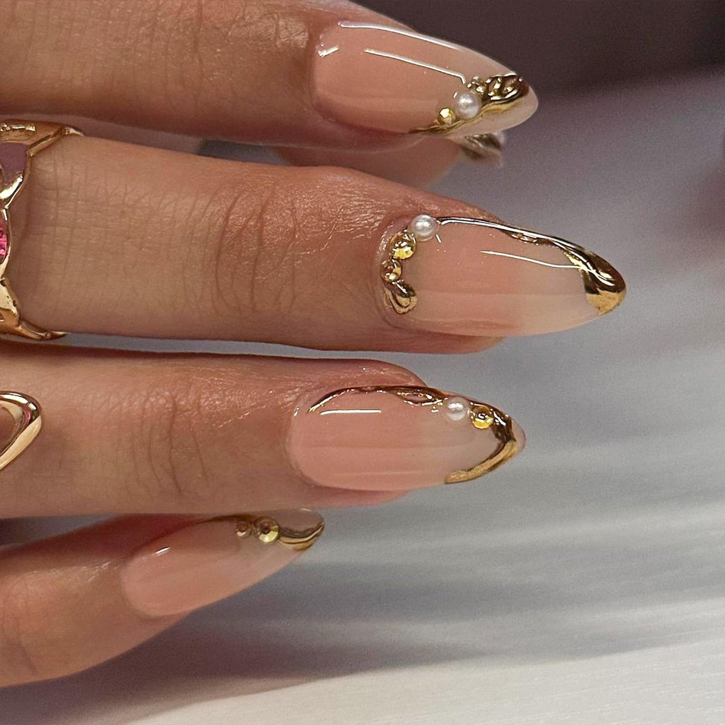 Gold French Tip Press on Nails Nude Fake Nails Medium Almond False Nails with Pearl Rhinestone Design Glossy Glue on Nails Artificial Acrylic Nail 3D Gold Stick on Nails for Women Girls Manicure 24Pcs