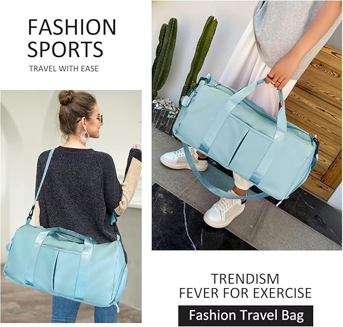 ZGWJ Sports Gym Bag with Wet Pocket & Shoes Compartment, Waterproof Shoulder Weekender Bag for Women and Men Swim Sports Travel Gym Bag Lightweight and easy Carry on Light Blue