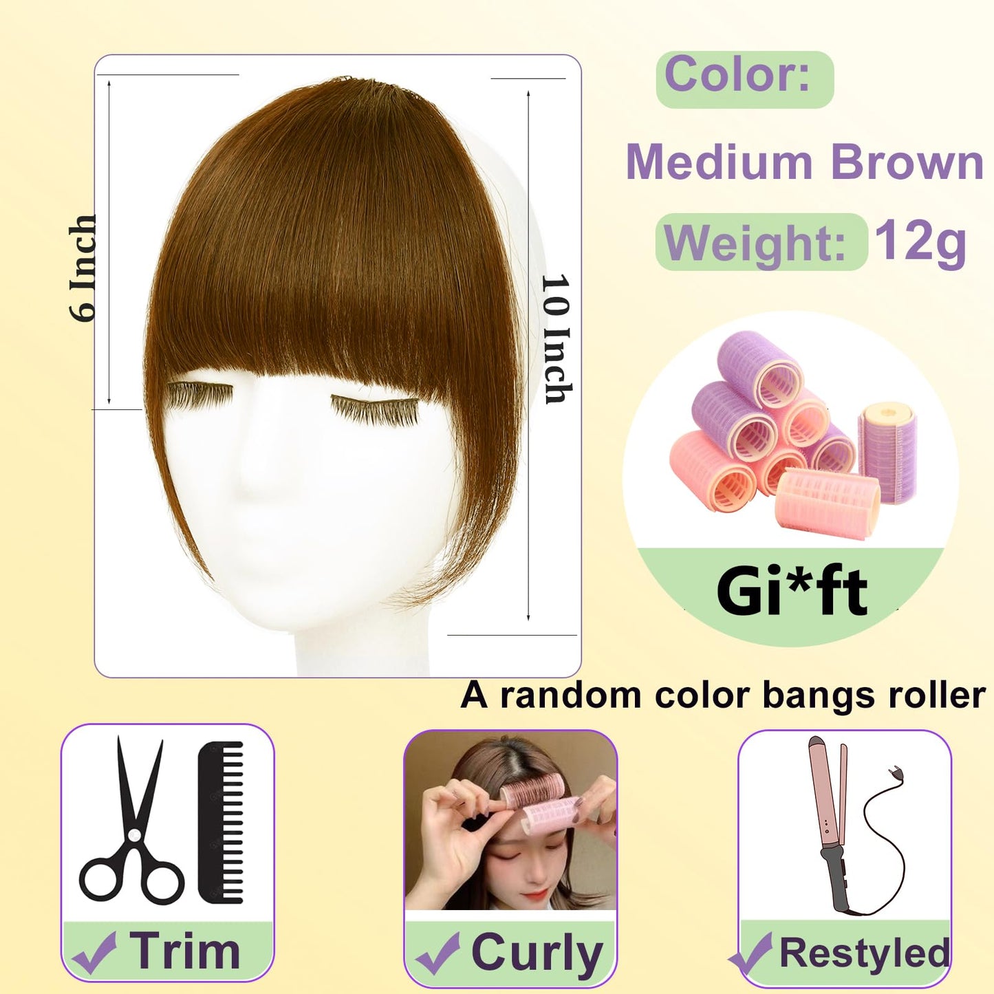 GHDXIWEYU Women 100% Human Hair Clip in Bangs,Fringe with Temples Curtain Flat Medium Brown Bangs,Natural Curved French Bangs,Faux Fake Bangs