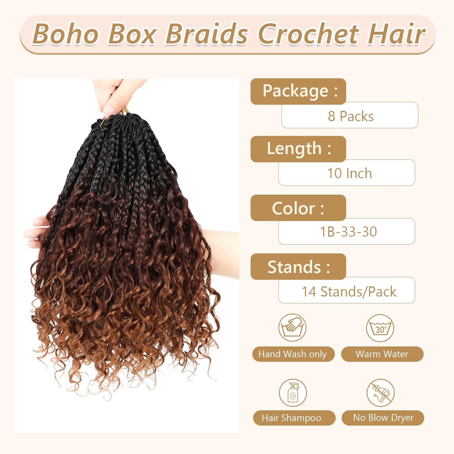 8 Packs Crochet Box Braids- 10 Inch Box Braids Crochet Braids Hair Synthetic Braiding Hair Goddess Box Braids Crochet Hair for Black Women (10(8Packs), 1B/33/30)