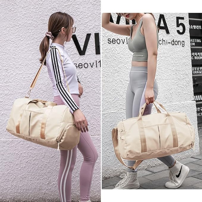 Small Gym Bag for Women and Men, Workout Bag for Sports and Weekend Getaway, Waterproof Dufflebag with Shoe and Wet Clothes Compartments (Beige)