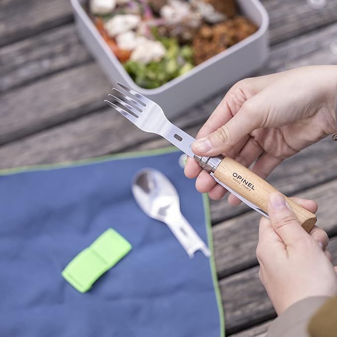 Opinel Picnic+ Cutlery Full Set, No.8 Stainless Steel Knife, Fork and Spoon Insert, Micro Fiber Napkin