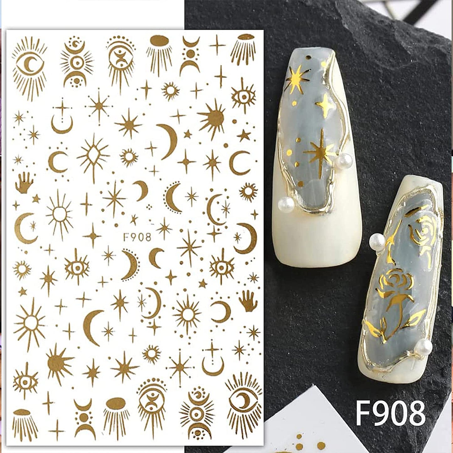 6 Sheet Gold Nail Stickers Black Snake Eyes Leaf Nail Art Stickers 3D Self-Adhesive Bronzing Sun Star Decals Starlight Nail Design Stickers for Acrylic Nail Supplies Women Nail Decorations