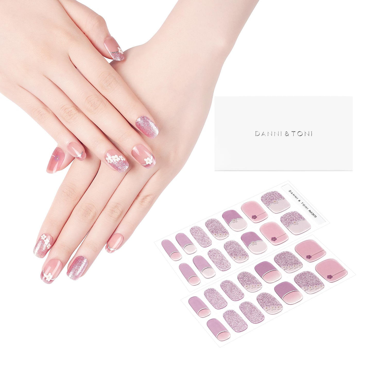 DANNI & TONI Semi Cured Gel Nail Strips Purple (Spring Whisper) French Tip Flowers Gel Nail Wraps UV Nails 28 Stickers
