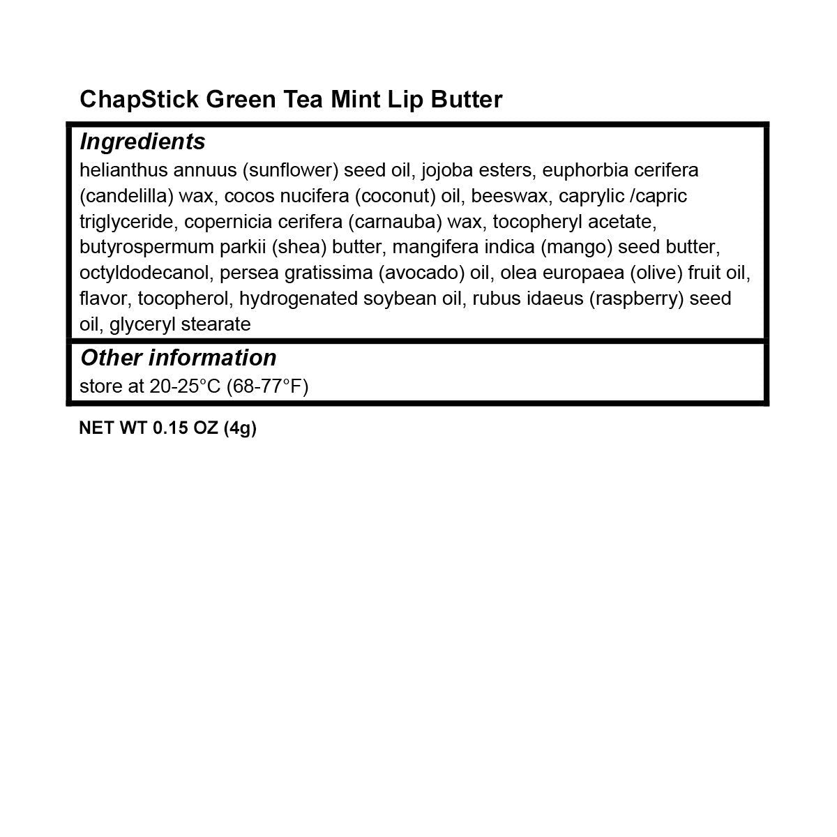 ChapStick Green Tea Mint 100 Percent Natural Ingredients Lip Butter, Moisturizing Lip Balm - 0.15 Oz