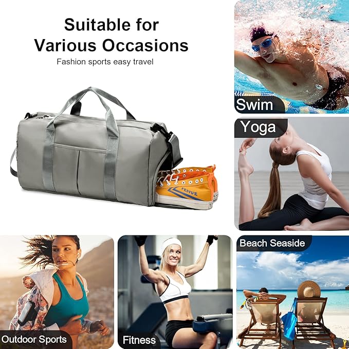 ZGWJ Sports Gym Bag with Wet Pocket & Shoes Compartment, Waterproof Shoulder Weekender Bag for Women and Men Swim Sports Travel Gym Bag Lightweight and easy Carry on Grey