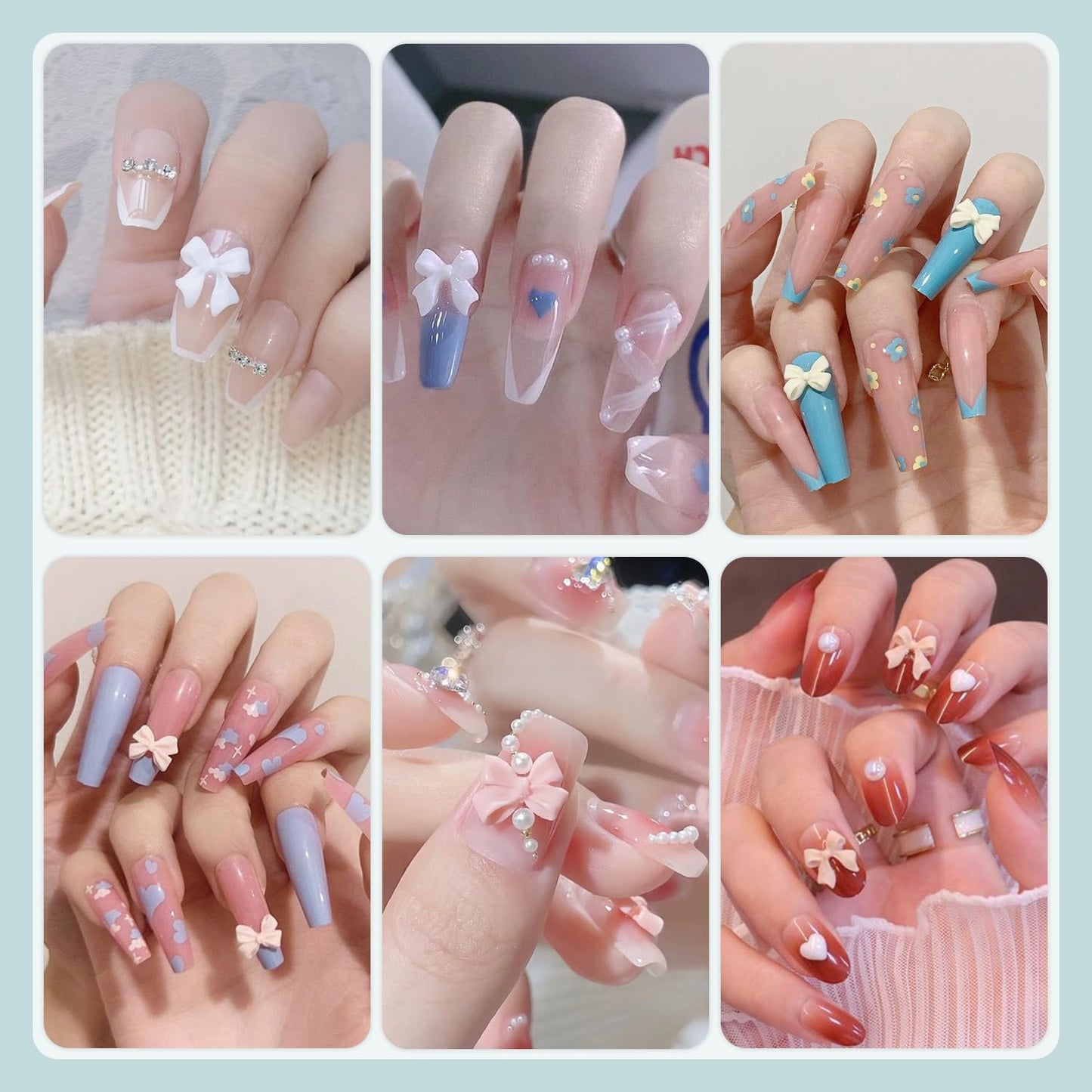 500 Pcs 3D Nail Charms and Flatback Pearls Set 9, Pink&White&Black Nail Bows + Pink&White Star Heart Cute Nail Jewels + 2-4mm White Nail Pearls for Nail Art DIY Decoration with Pickup Tools