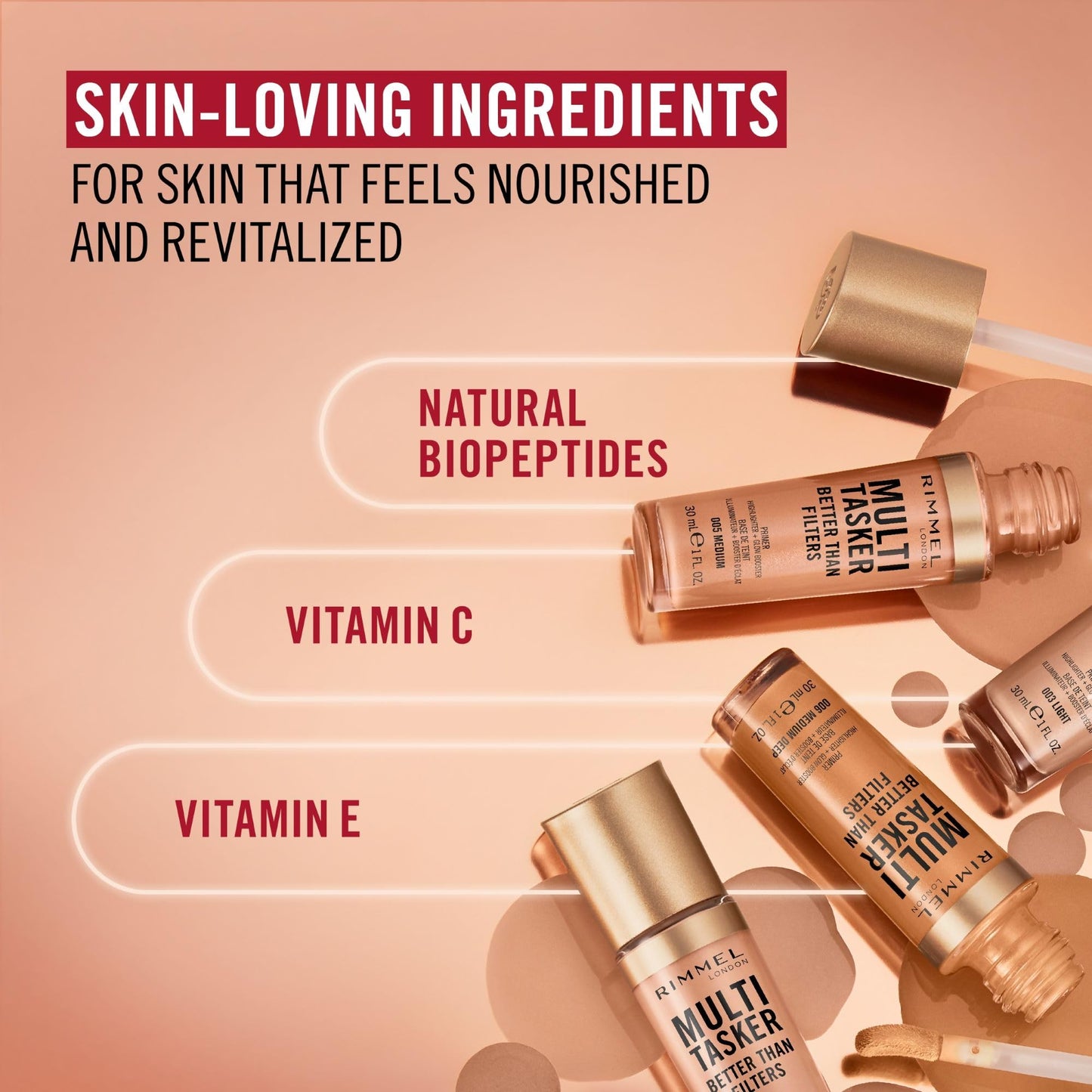 Rimmel Multi-Tasker Better Than Filters, 006 Medium Deep, Face Primer, Glow Booster and Highlighter, Vegan Formula, Anti-Ageing Benefits, Light-Reflecting Pigments, Giant Soft-Touch Wand, 1oz
