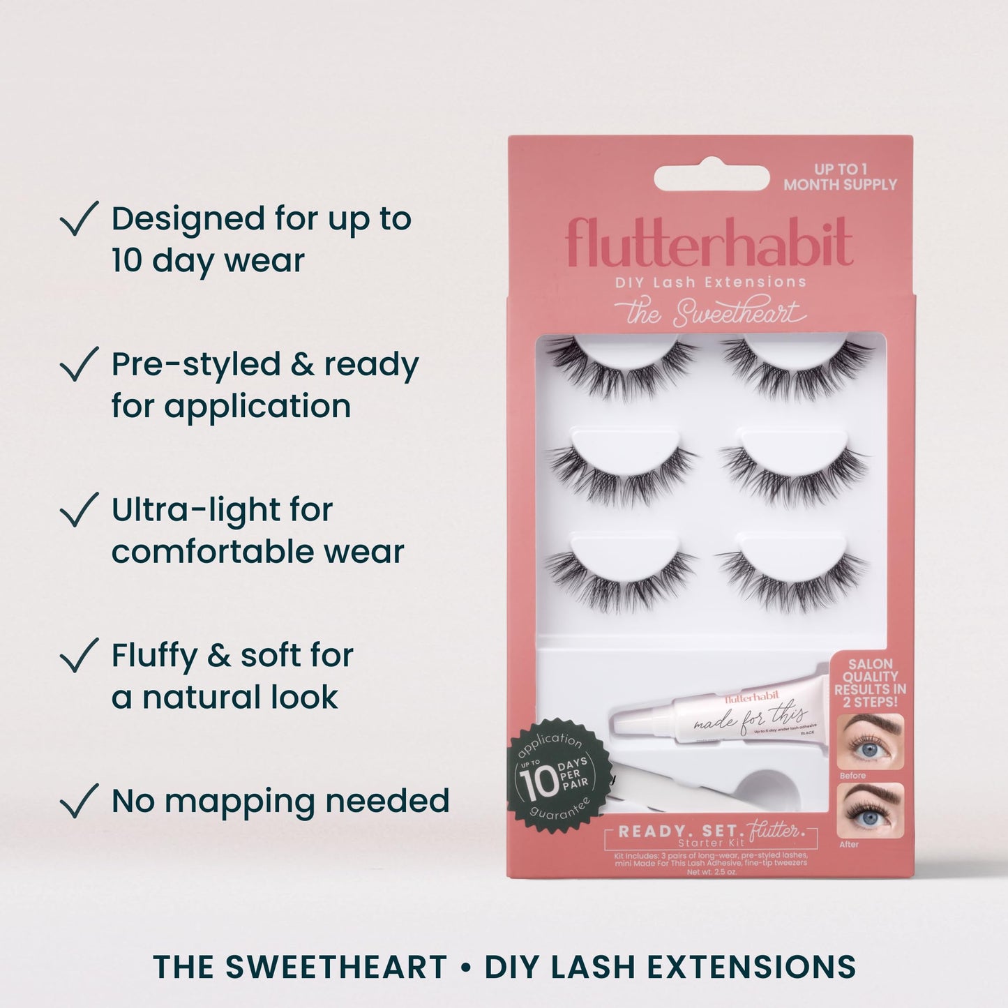 FlutterHabit Sweetheart Ready Set Starter Kit, DIY Eyelash Extensions, Lash Clusters for Women, Professional Quality At Home Eyelash Extension Kit, False Lashes, 3 Lash Sets, Lash Glue Included