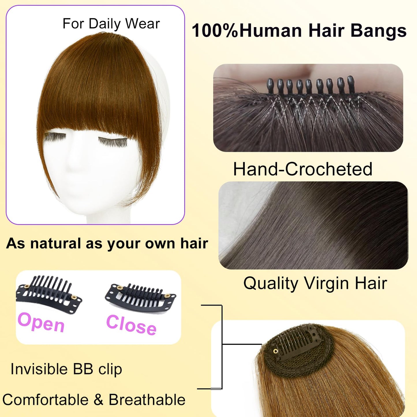 GHDXIWEYU Women 100% Human Hair Clip in Bangs,Fringe with Temples Curtain Flat Medium Brown Bangs,Natural Curved French Bangs,Faux Fake Bangs