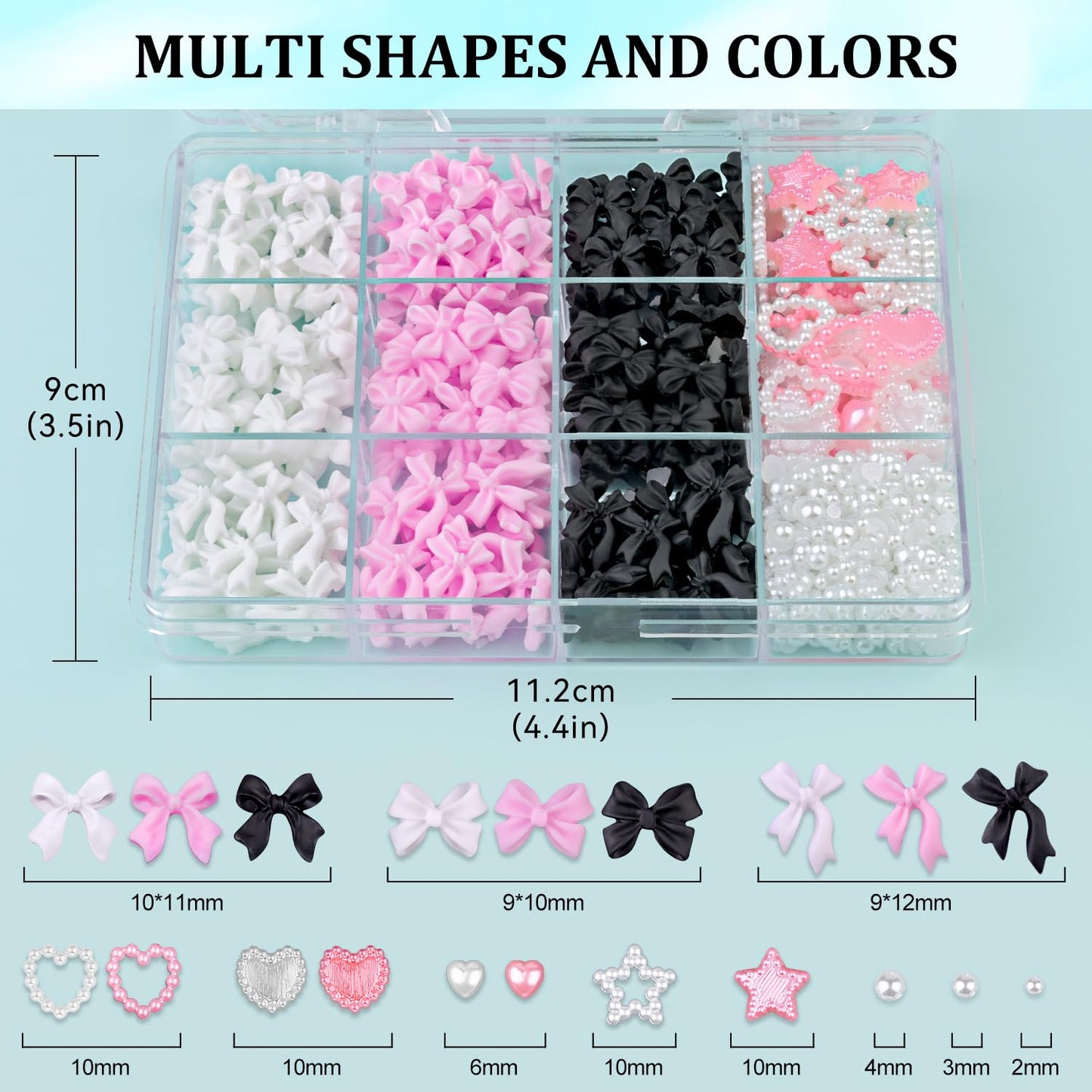 500 Pcs 3D Nail Charms and Flatback Pearls Set 9, Pink&White&Black Nail Bows + Pink&White Star Heart Cute Nail Jewels + 2-4mm White Nail Pearls for Nail Art DIY Decoration with Pickup Tools