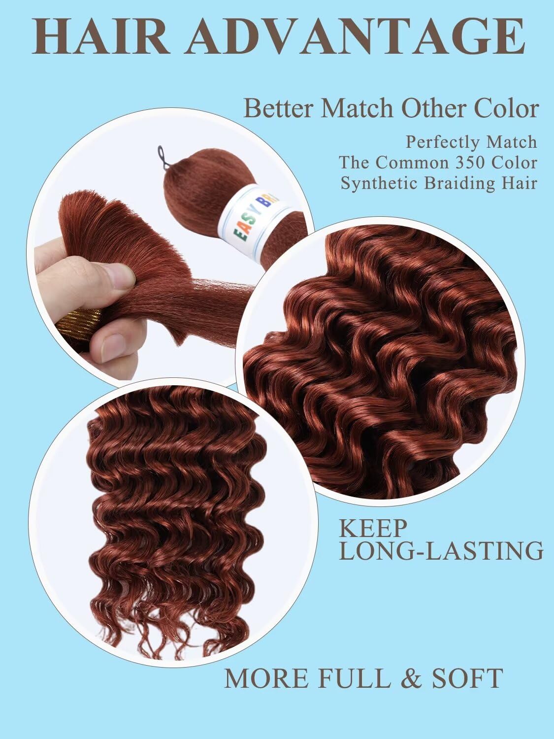 350 Braiding Hair 100g 14 Inch Deep Water Wave Bulk Human Hair for Braiding 2 Bundle 12A Brazilian Virgin Copper Curly Human Hair Extensions for Boho Braids Wet and Wavy Dark Ginger Braiding Hair