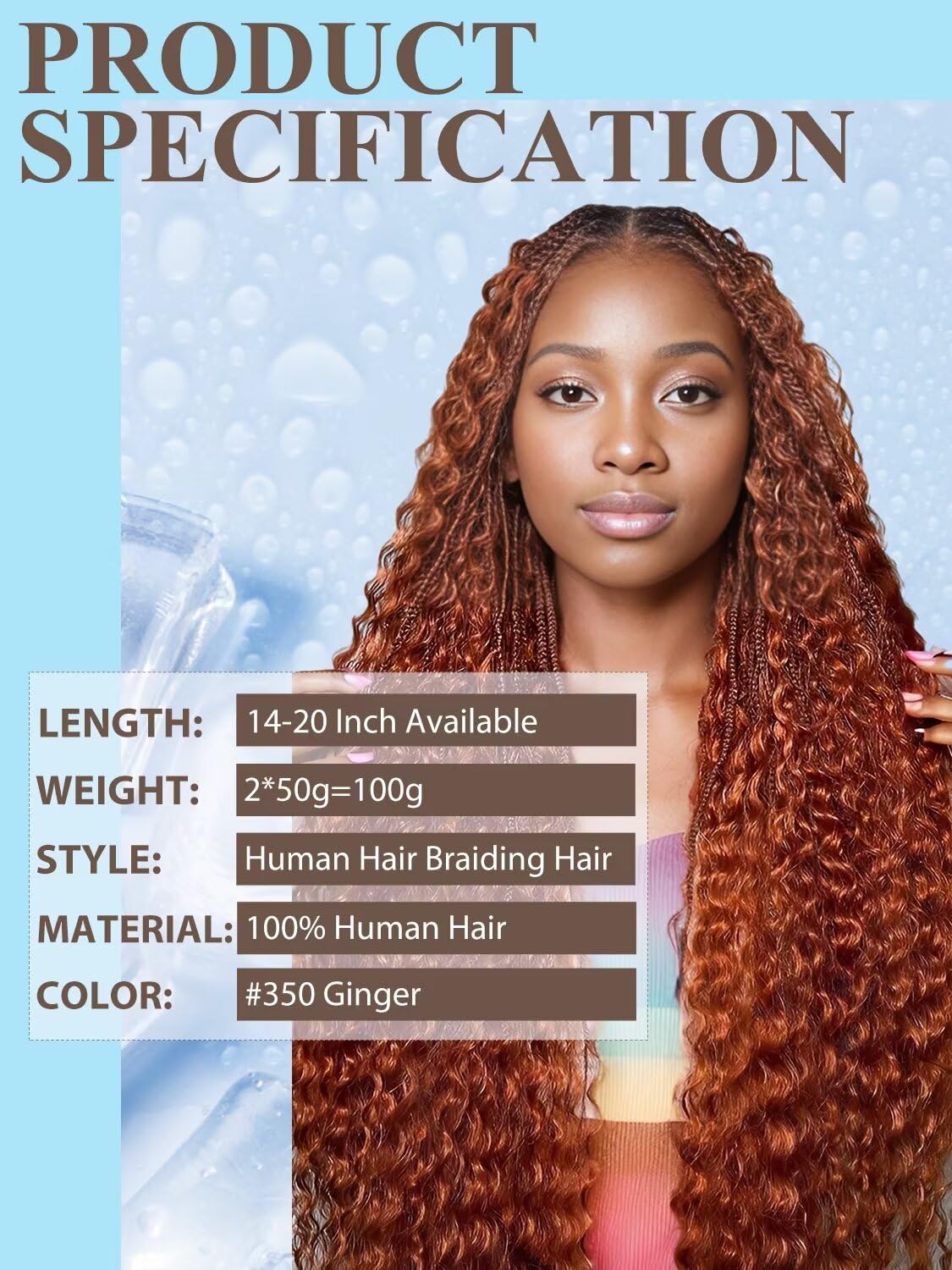 350 Braiding Hair 100g 14 Inch Deep Water Wave Bulk Human Hair for Braiding 2 Bundle 12A Brazilian Virgin Copper Curly Human Hair Extensions for Boho Braids Wet and Wavy Dark Ginger Braiding Hair