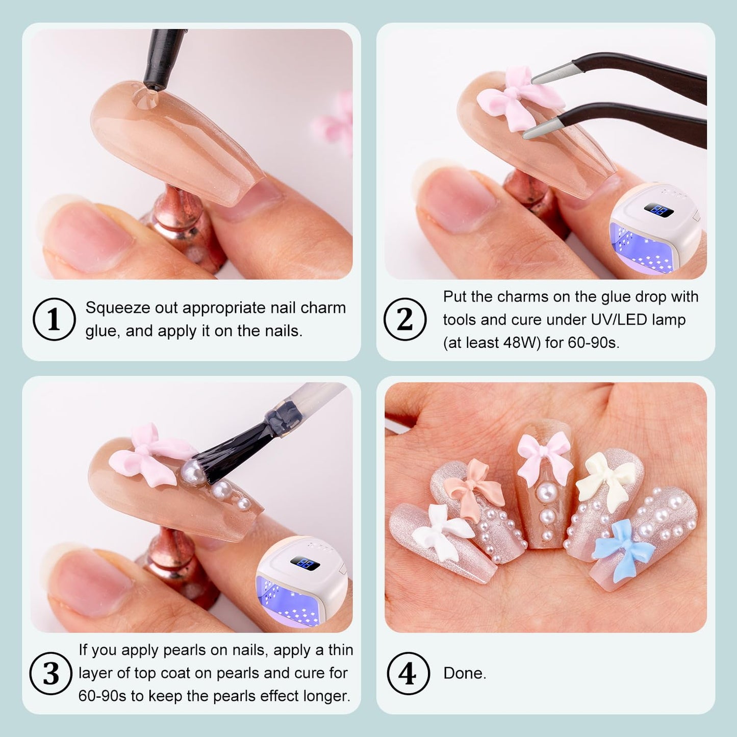 500 Pcs 3D Nail Charms and Flatback Pearls Set 9, Pink&White&Black Nail Bows + Pink&White Star Heart Cute Nail Jewels + 2-4mm White Nail Pearls for Nail Art DIY Decoration with Pickup Tools